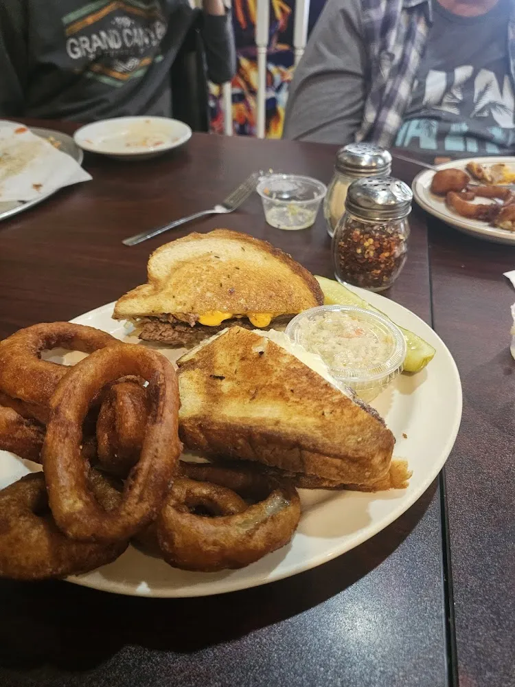 Patty Melt Onion Rings and Coleslaw